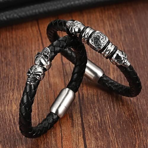 Top Quality Charm Leather Bracelet For Women Stainless Steel Bohemia Genuine Leather Bracelets & Bangles Vintage Men Jewelry
