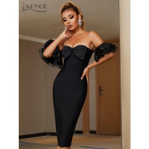 Adyce Black Lace Off Shoulder Short Sleeve Bodycon Bandage Dress Women 2021 Summer Sexy Ruffles Bow Club Celebrity Party Dresses