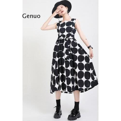 High Elastic Waist Black Big Dot Print Temperament Dress Women Fashion Trendy Summer 2021