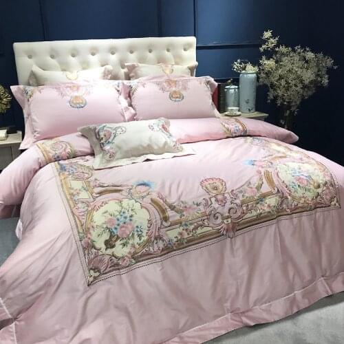 120S Egyptian Cotton pink Embroidery Luxury Bedding Set 4pcs King Queen Wedding Bed Sheet Cover set Duvet cover Pillowcase gold
