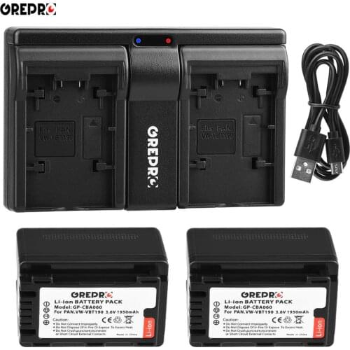 2Pcs VW-VBT190 Batteries + Dual Charger for Panasonic VW-VBT380, HC-V720, HC-V727, HC-V730, HC-V750, HC-V757, HC-V770, HC-VX