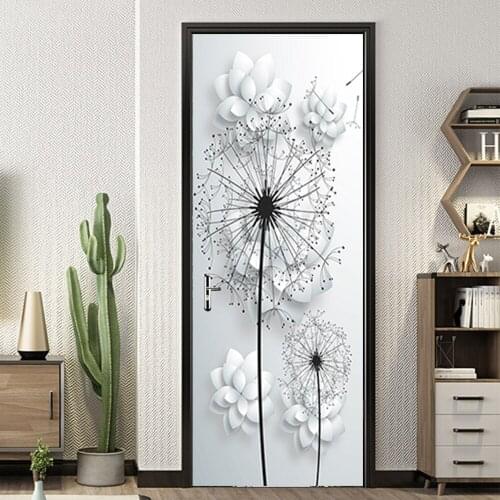 3D Dandelion Flowers PVC Door Sticker Self Adhesive Wallpaper On the Door DIY Renovation Waterproof Poster Bedroom Home Decor