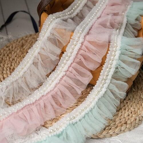 5 Yards Pleated Tulle lace trim Pearls Chain Ruffled lace trim For DIY Sewing Costume Apparel Wedding Lace Garter Decor Pets Bib