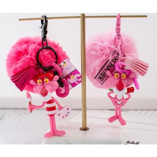 4 Styles PVC Pompom Key Chain Cute Cartoon Pink Panther Keychain for Women Bag Charm Key Ring Pendant Gifts Jewelry Wholesale