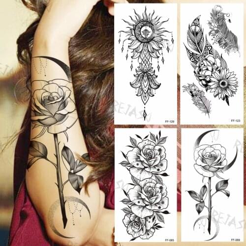 Black Rose Moon FLower Temporary Tattoos For Women Girls Realistic Sun Pendant Feather Fake Tattoo Sticker Arm Transfer Tattoos