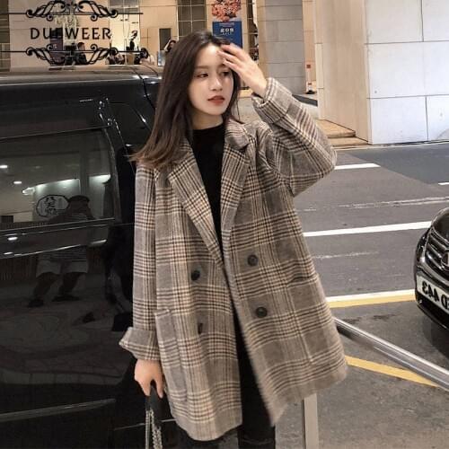 Dueweer Wool Blends Women Classic Medium-long Style Womens Plaid Students Outwear Elegant Vintage Double Breasted Oversize