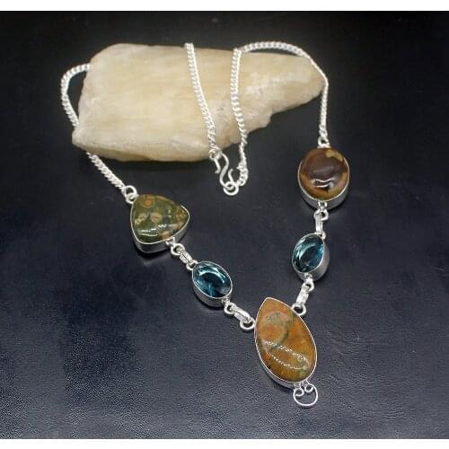 Gemstonefactory Jewelry Big Promotion Unique 925 Silver Ocean Jasper Blue Topaz Gifts Women Chain Necklace 44cm 202101454