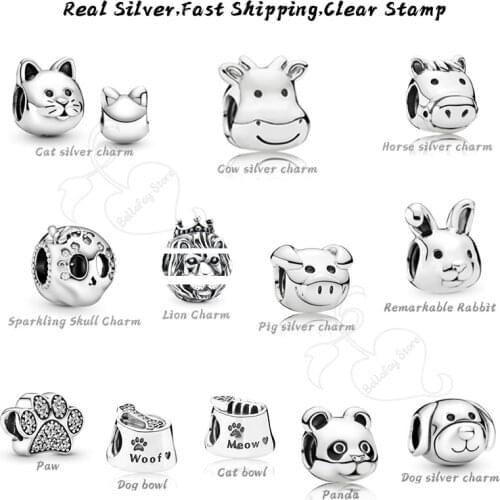 Sparkling Skull 925 Silver Charms Dog Cat Bowl Beads Rabbit Lion Fits Pdoras Bracelets Necklaces Bangles Jewelry DIY