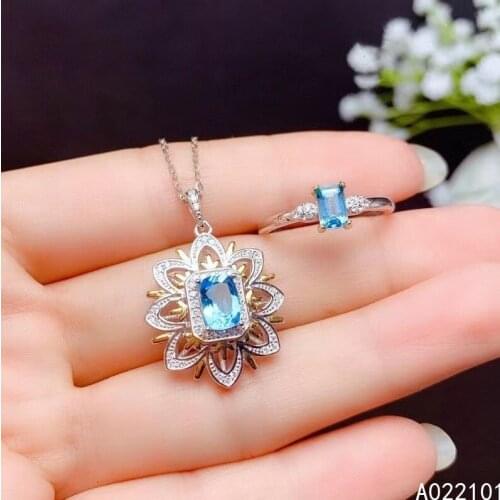 KJJEAXCMY Fine Jewelry 925 sterling silver inlaid natural blue topaz new girl trendy pendant ring set support test with box