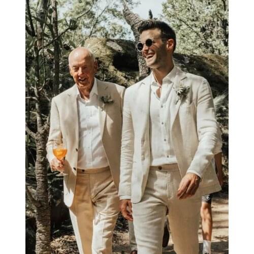 Summer Beach Linen Men Suits Costume Homme Wedding Party Prom Slim Fit Tuxedo Groom Terno Masculino Blazer 2 Pcs Jacket+Pant