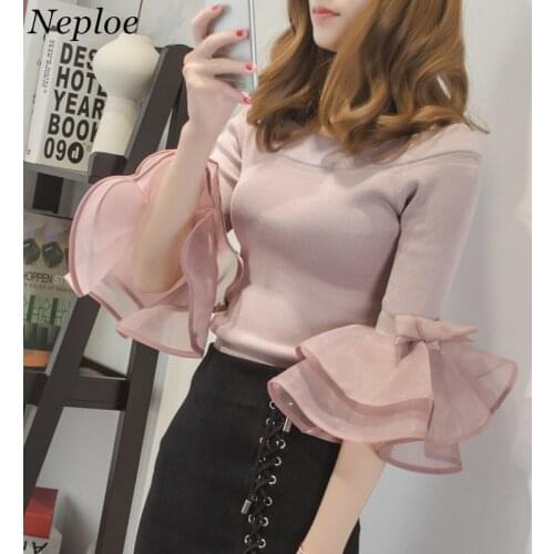 Neploe Korean Fashion Sexy Slash neck Women Sweaters 2021 Newly Flare Sleeve Patchwork Bow Pullovers Streetwear Knitwear 66934