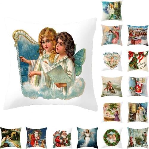 Christmas Angels Pillowcase Vintage Oil Painting Style Polyester Peach Skin Throw Pillow Cover Home Decor