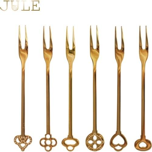 6pcs/lot Steel Fruit Fork for Fruit Set with Flower Handle Golden Dinnerware 2 Tine Snack Dessert Forks Kitchen For Party Picks
