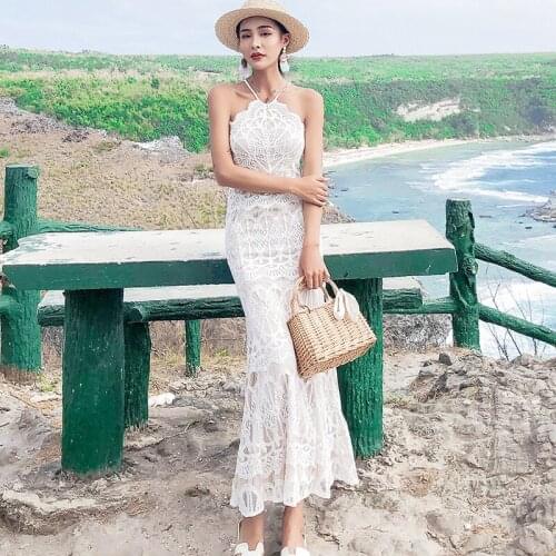Vintage White Lace Sexy Hollow cross Backless Bandage Beach Dresses Women Vestidos Summer Long section Sleeveless Fishtail Dress