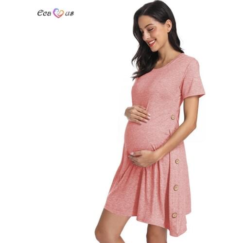 Womens Short Sleeve T-Shirt Maternity Dress Casual Swing Loose Tunic Maternity Clothes Button Asymmetrical Pregnant Dress