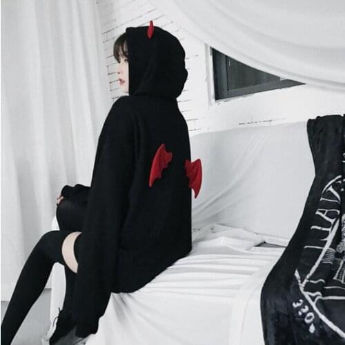 Ruibbit New Spring Autumn Punk Gothic Girls Black Devil Horn Hoodies Women Pattern Hooded Sweatshirt Casual Pullover