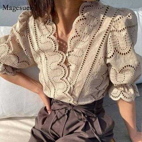 Summer Lace-up Women Tops Korean Chic Crocheted Hollow V-neck Short Sleeve Shirt New Slim Waist Design Lace Women Blouses 14588
