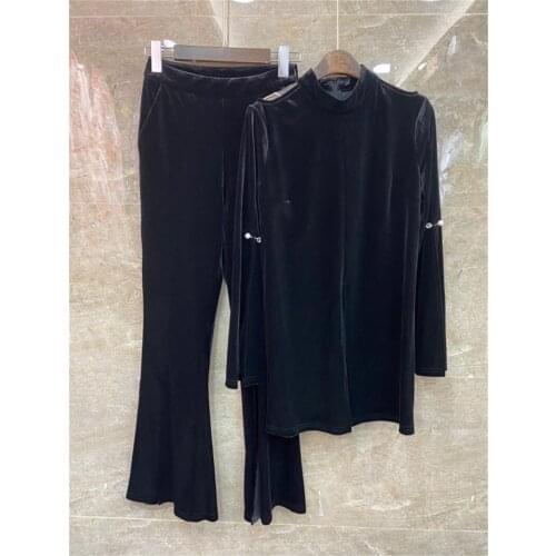 Top Quality Womens Set 2021 Autumn Winter Pant Suit Woman Belt Deco Long Velvet Sweatshirt Tops+Flare Leg Long Velour Pant Sets