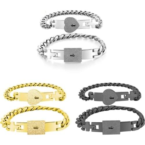 2Pcs Stainless Steel Lover Heart Love Lock Key Bracelet Kit Couple Jewelry Sets A0NF