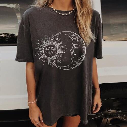 2021 Tees Women T Shirt Print Sun And Moon T-shirt Casual Gray Short Sleeve Tops Summer Vintage Loose O-neck Clothing #T3G