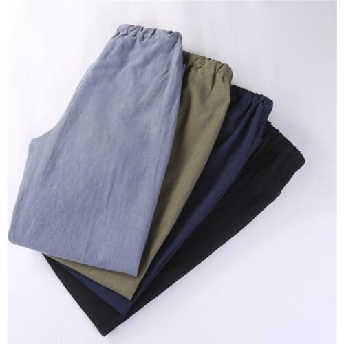 Autumn and winter linen pants mens new loose large size straight elastic high waist trousers casual pants Tai Chi Kung Fu pants