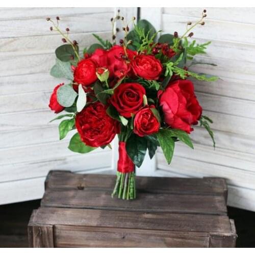 2019 Red Peony Rose Bridal Bouquets for Wedding Artificial Silk Holding Wedding Flowers Bouquet Fleur Mariage