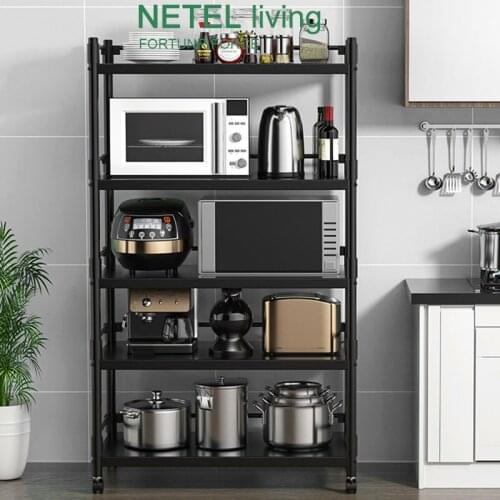 Home Kitchen Multifunctional Storage Rack with Movable Pulleys Large-capacity Expandable Carbon Steel Microwave Shelf Counter