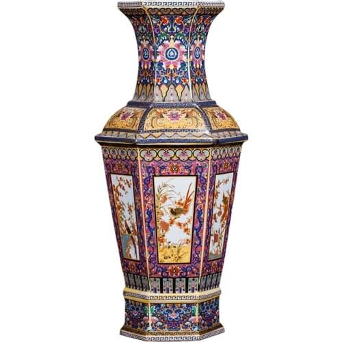 Qing Yongzheng Enamel Colorful Flowers and Birds Hexagonal Vase Antique Home Decoration Porcelain Decoration Antique Collection