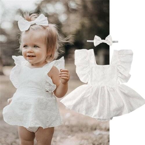 2PCS Newborn Romper Kids Baby Girls Clothes Lace Ruffled Dress Floral Jumpsuit Solid White Outfits Baby Summer Clothing