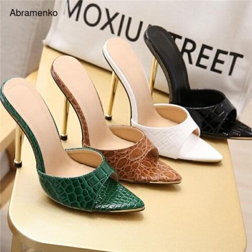 2021 Summer Women Extreme 12.5cm High Heels Mules Shale Slides Female Stiletto Green Heels Slippers Sexy Crocodile Leather Shoes