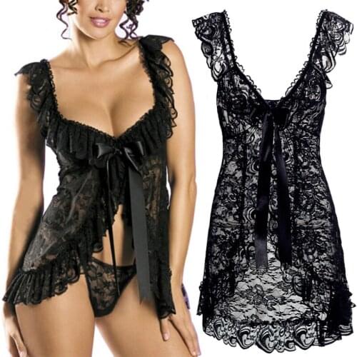 2020 New Sexy Lingerie Robe Dress Women Erotic Costumes Lace Sleepwear Nightgown+ Sexy G String Sleepwear Nightgowns