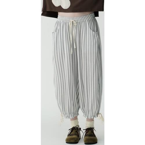 Imakokoni original striped loose nine-point bloomers cotton and linen wild wide leg pants female summer 213312