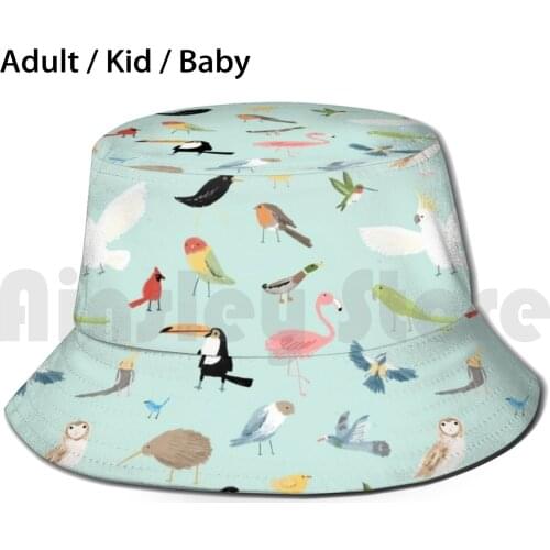 Bird Pattern Bucket Hat Adult kid baby Beach Sun Hats Bird Pattern Green Blue Cute Animals Mint Parrot Flamingo Cockatoo