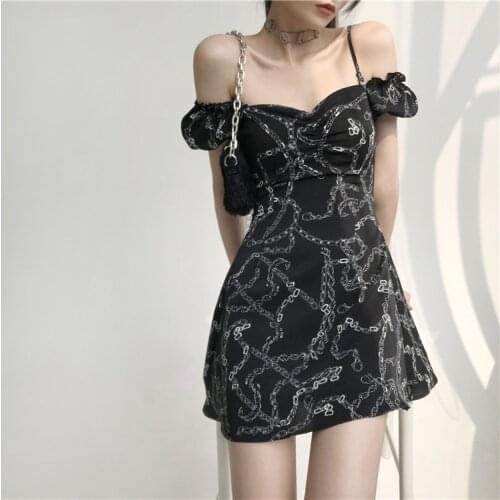 Ruibbit Gothic Girls Chain Print Slim Dark French Lantern Sleeve Suspender Dress Summer A-line Short Mini Party Dresses