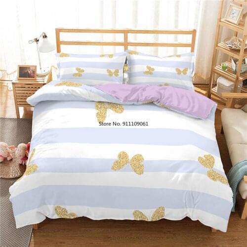 Pink White Stripe Duvet Cover 240x220 Butterfly Printed Quilt Cover Pillowcase Home Textiles 3D Bedding Set Girl Cute Bedroom
