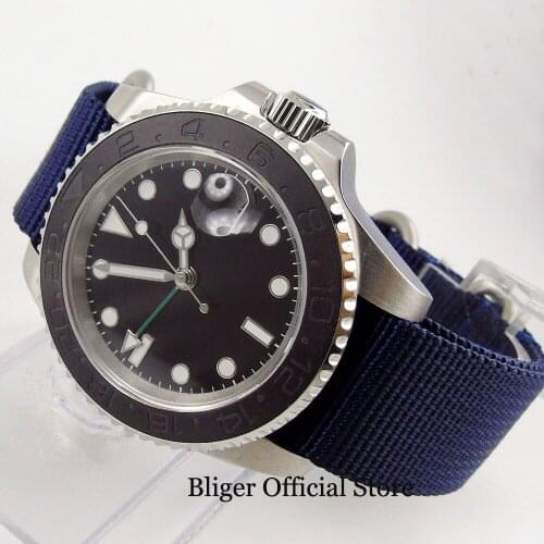Simple BLIGER Black Sterile Dial With Auto Date GMT Function 40mm Automatic Mens Watch With Blue Nylon Strap