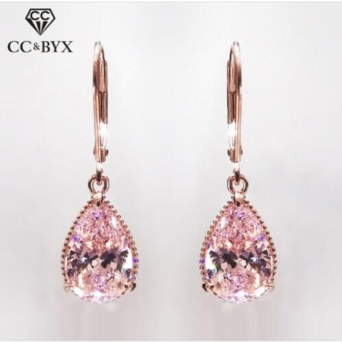 Drop Earrings For Women Pink Cubic Zirconia Water Drop Rose Gold Color Dangle Earring Bridal Wedding Temperament Jewelry CCE624