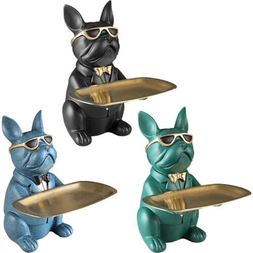 Bulldog Statue Holding Storage Tray Cute Animal Sculptures Resin Keys Candy Dish Jewelry Earrings Holder Home Decor