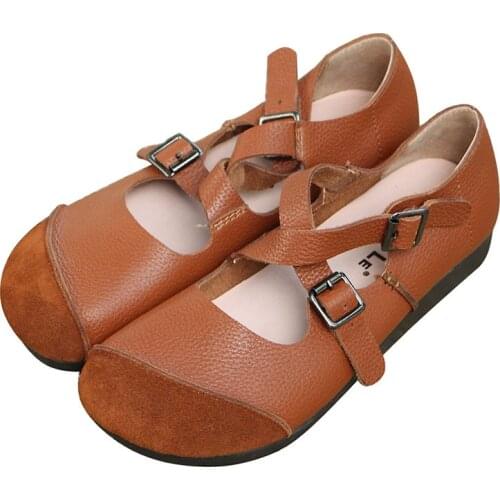 Women flats genuine leather shoes female fashion casual comfortable women shoes Buckle Strap Round Toe soft Retro shoes woman