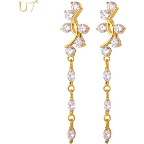 U7 New Crystal Long Earring Fashion Jewelry Gold Color Cubic Zircon Plant Charm Drop Earrings For Women E783