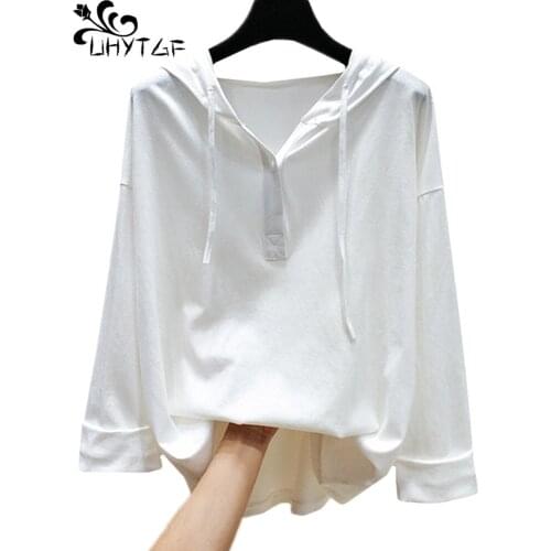 UHYTGF spring tops long-sleeved pullover casual thin sweatshirt Female Korean loose plus size top students short hoodies 1494