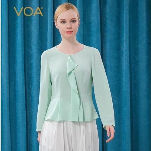 VOA Silk Round Light Green Collar Long Sleeve Lotus Leaf Stereoscopic Decoration Waist Pendulum To Make The Old T Shirt BE308