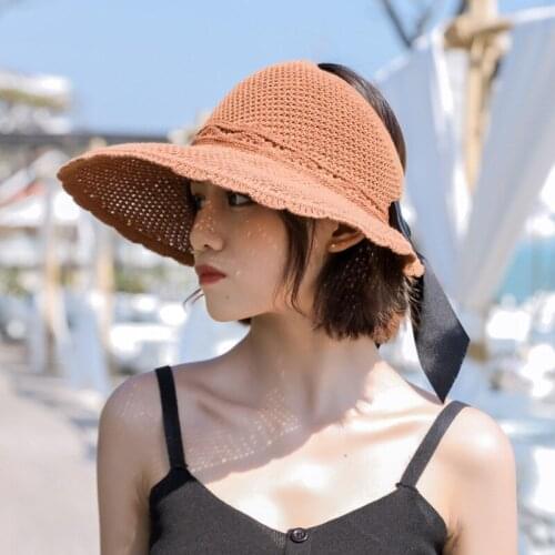 Women Summer Sun Hat Beach Foldable Hat Black Bow Cap Khaki Sunscreen Temperament Flat Big Brim Straw Hats Outdoor