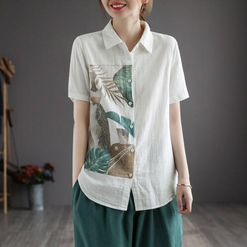 New 21 Women Shirts Summer Casual Print Loose Stand Collar Single-Breasted Female Wild Tops Fashion