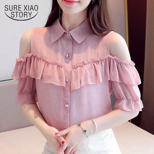 2020 Summer New Korean Loose-Fit Short Sleeve Chiffon Blouse Women Sequined Ruffles Off-Shoulder Tops Fashion Summer Tops 9614