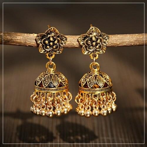 Womens Boho Vintage Ethnic Indian Jhumka Earrings 2020 Gold Small Bell Tassel Flower Carved Drop Dangle Earrings Gypsy Jewelry