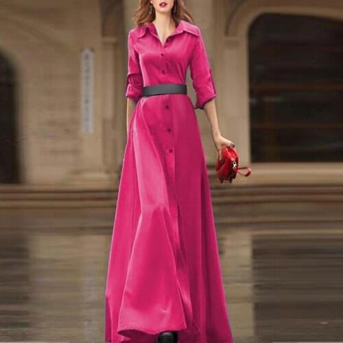 Runway High Quality New Spring Autumn Womens Long Dress Fashion Elegant Single-breasted Shirt Belt Vintage Casual Party Dress