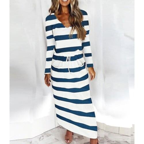 New Women Autumn Winter Fashion Dress V-neck Loose Casual Striped Print Long Sleeved Female Vestido Bodycon Party Office Dresses