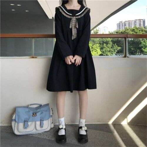 2020 HOT Autumn Cute girl Sweet Women Dress Japan Preppy Style Loose Long sleeve Bow sailor collar Sweet female dresses