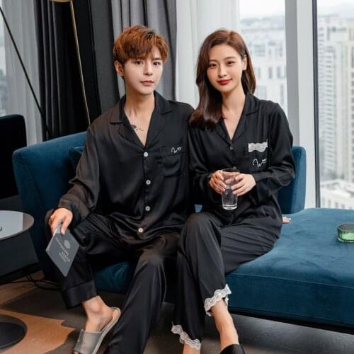 Couple Pajama Sets Silk Satin Pijamas Solid Color Sleepwear Home Suit Pyjama Man Woman Lovers' Nightwear Homewear